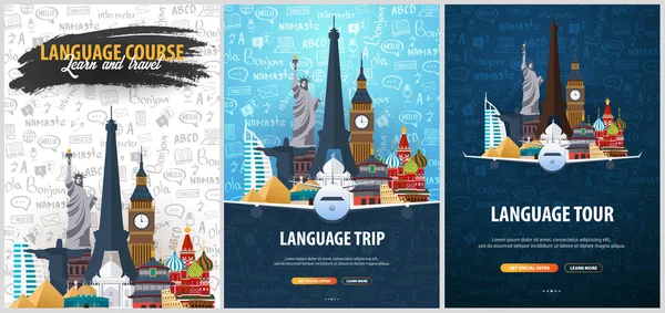 Language trip, tour, travel. Learning Languages. Vector illustration with hand-draw doodle elements on the background. — Stock Vector