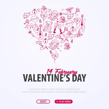 Sevgililer günü afiş doodle arka plan ile. 14 Şubat. Vektör çizim.
