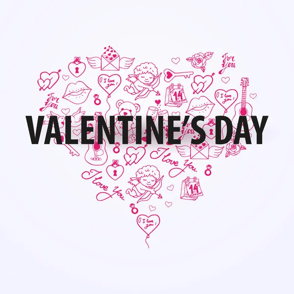 Banner San Valentino con sfondo doodle. 14 febbraio. Illustrazione vettoriale . — Vettoriale Stock