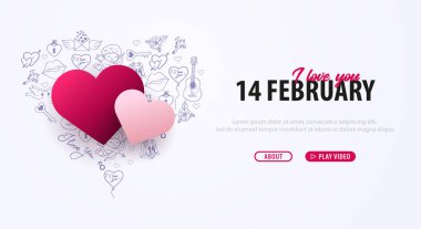Sevgililer günü afiş doodle arka plan ile. 14 Şubat. Vektör çizim.
