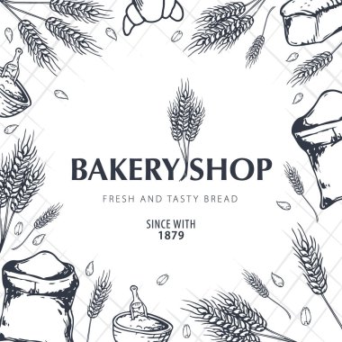 Fırın arka plan buğday ile. Doğrusal grafik. Ekmek afiş koleksiyonu. Ekmek evi. Vektör çizim.