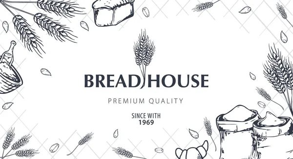 小麦とパン屋さんの背景。線形のグラフィック。パン バナー コレクション。パンの家。ベクトル図. — ストックベクタ