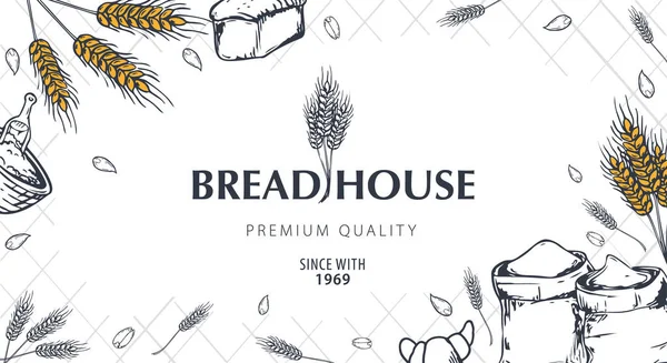 小麦とパン屋さんの背景。線形のグラフィック。パン バナー コレクション。パンの家。ベクトル図. — ストックベクタ