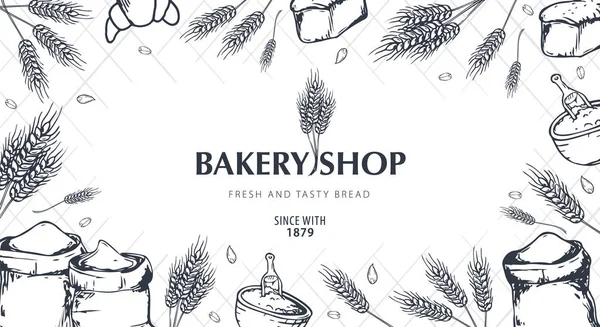 Fond de boulangerie avec des blés. Graphique linéaire. Collection de bannières en pain. Maison du pain. Illustration vectorielle . — Image vectorielle