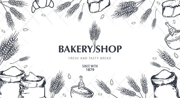 Bakkerij achtergrond met wheats. Lineaire afbeelding. Brood banner collectie. Brood huis. Vectorillustratie. — Stockvector