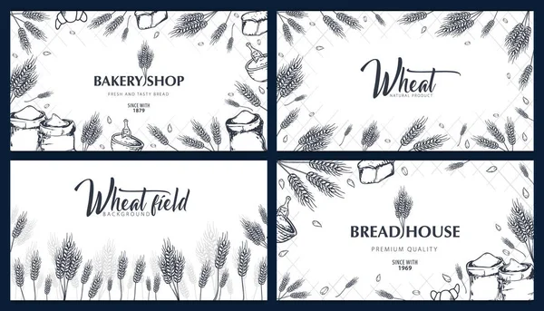 小麦とパン屋さんの背景のセットです。線形のグラフィック。パン バナー コレクション。パンの家。ベクトル図. — ストックベクタ