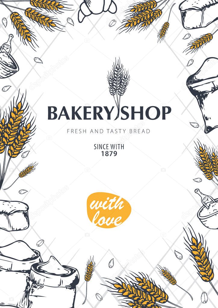 Bakery background with wheats. Linear graphic. Bread banner collection. Bread house. Vector illustration.