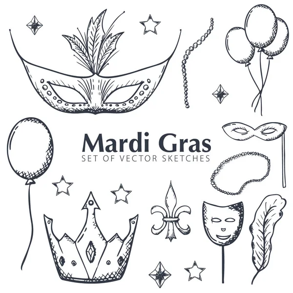 Conjunto de elementos Mardi gras. Enmascarada. Gordo martes, festival. Ilustración vectorial . — Archivo Imágenes Vectoriales