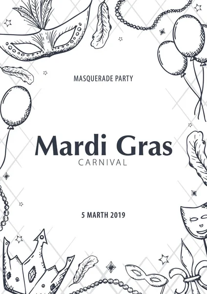 Fiesta de carnaval de Mardi gras. Enmascarada. Gordo martes, festival. Ilustración vectorial . — Vector de stock