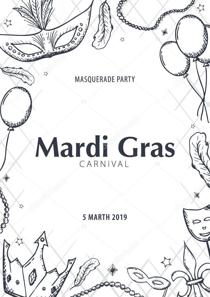 Mardi gras carnival party. Masquerade. Fat tuesday, festival. Vector illustration.