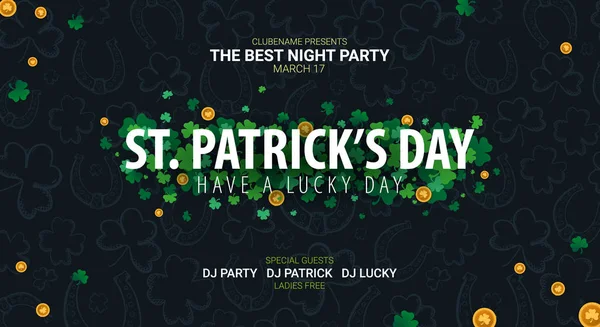 Saint Patricks Day afiş. Yonca paralar ile koyu arka plan üzerinde bırakır. Vektör çizim.