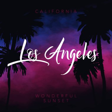 Los Angeles. Yaz tropikal ve arka plan avuç içi, gökyüzü günbatımı. Yaz saati.