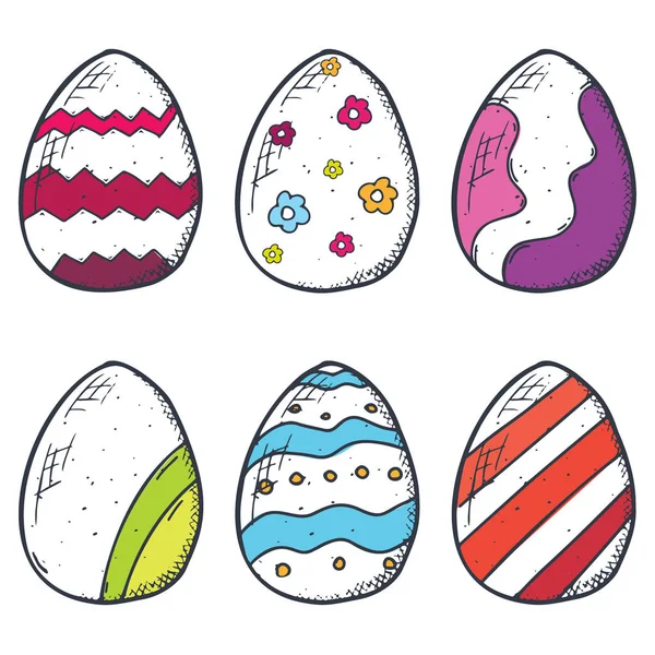 Páscoa coleção de ícones de ovos coloridos no estilo doodle. Ilustração desenhada à mão. Fundo da bandeira . — Vetor de Stock