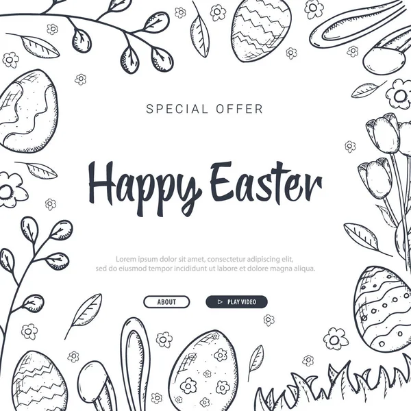 Buona Pasqua sfondo con disegni tradizionali decorazioni. Saluto pasquale con uova colorate, coniglio . — Vettoriale Stock