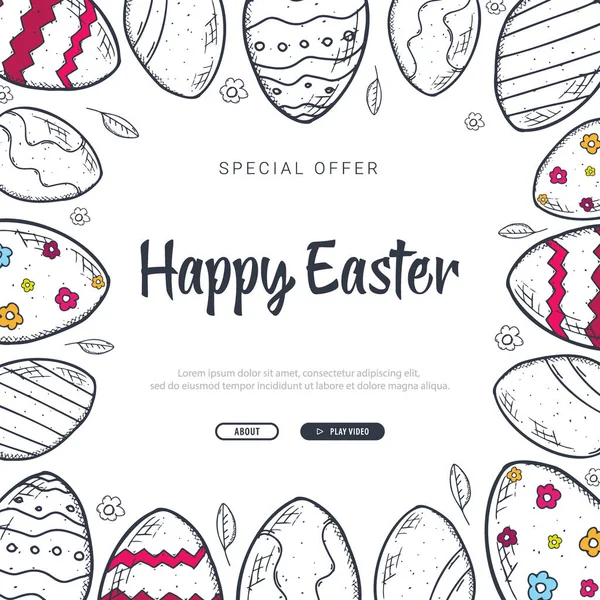Szczęśliwy tło Wielkanoc dekoracje tradycyjne szkice. Wielkanoc królik pozdrowienie z kolorowych jaj,. — Wektor stockowy