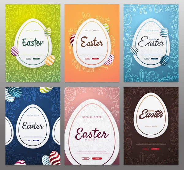 Conjunto de fundos Feliz Páscoa com desenhos tradicionais decorações. Cumprimentos de Páscoa com ovos coloridos, coelho . — Vetor de Stock
