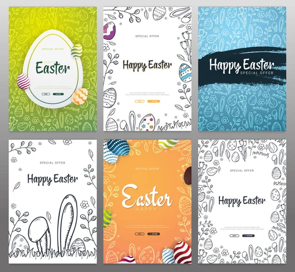 Set di sfondi Happy Easter con decorazioni tradizionali schizzi. Saluto pasquale con uova colorate, coniglio . — Vettoriale Stock