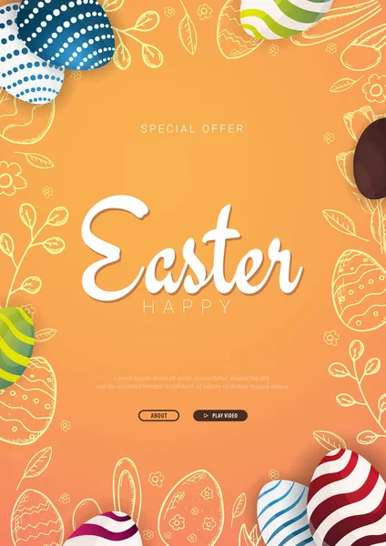 Fundo feliz Páscoa com desenhos tradicionais decorações. Cumprimentos de Páscoa com ovos coloridos, coelho . — Vetor de Stock