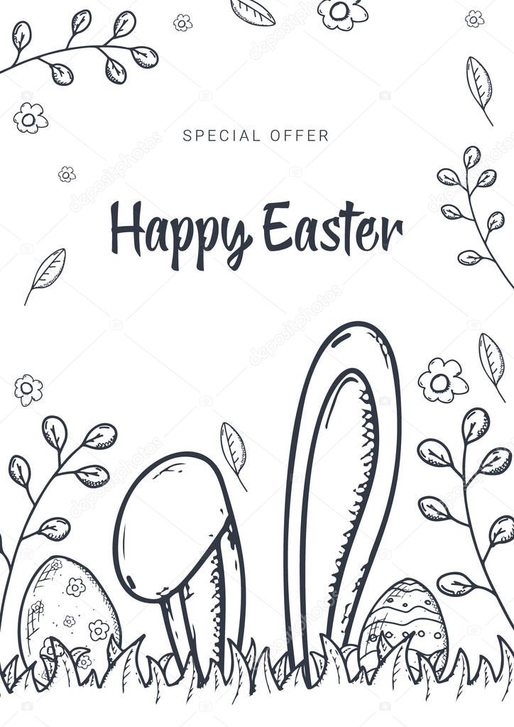 Happy Easter background with traditional sketches decorations. Easter greeting with colored eggs, rabbit.