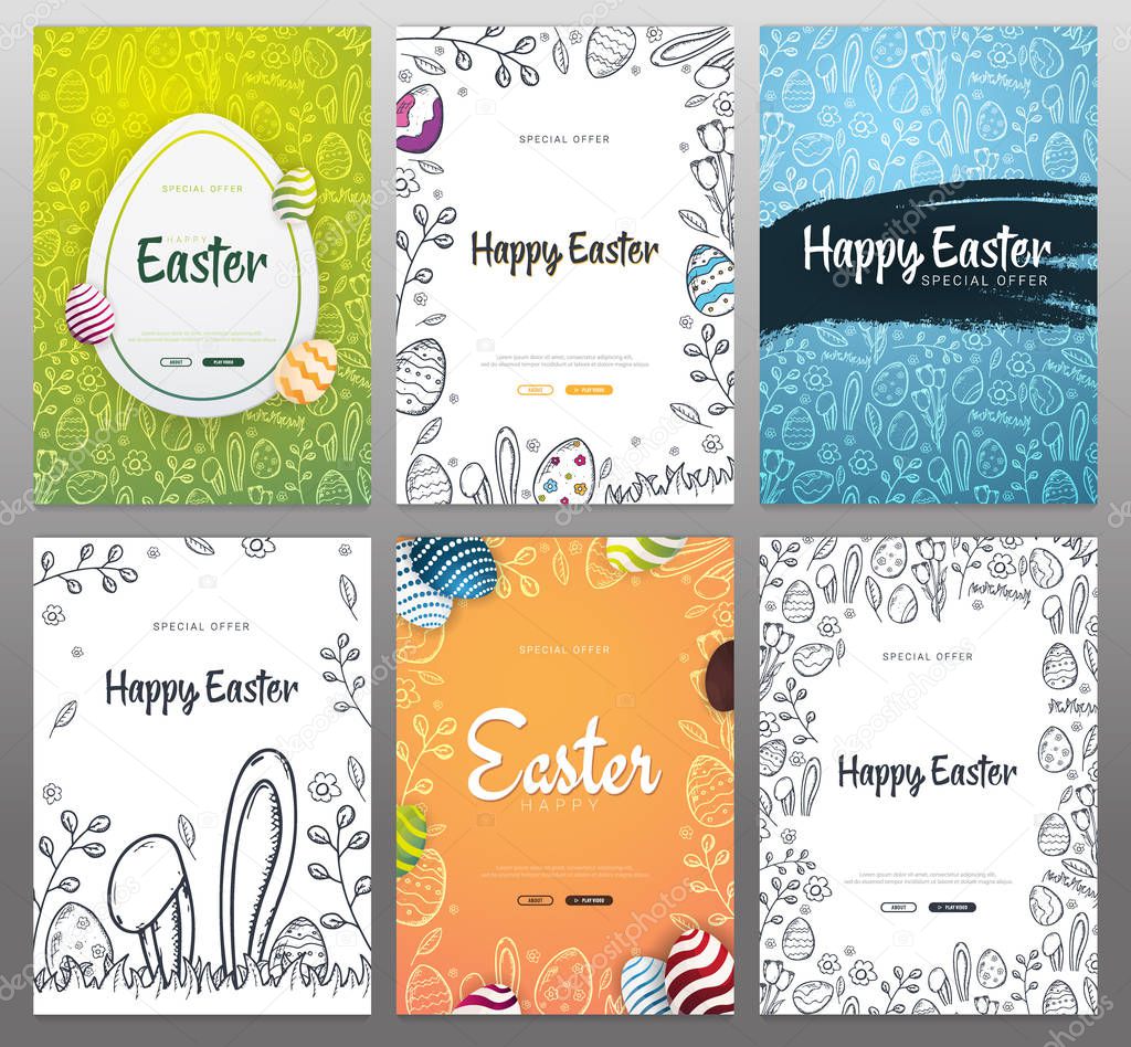 Set of Happy Easter backgrounds with traditional sketches decorations. Easter greeting with colored eggs, rabbit.
