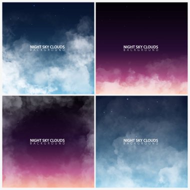 Gece gökyüzü beyaz gerçekçi bulutlar ile kümesi. Vektör çizim.