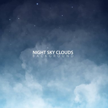 Gece gökyüzü beyaz gerçekçi bulutlu. Vektör çizim.