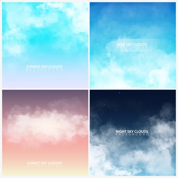 Set van hemel met witte realistische wolken. Zonsondergang, zonsopgang. Blauwe en nacht hemel. Vectorillustratie. — Stockvector