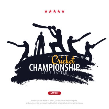 Kriket Şampiyonası başlık sayfası veya poster, oyuncular ve yarasalar ile tasarım. Vektör çizim.