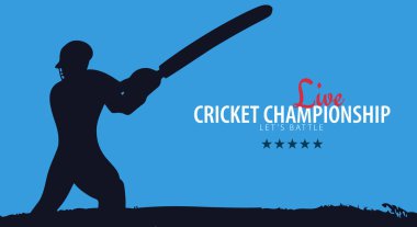Kriket Şampiyonası başlık sayfası veya poster, oyuncular ve yarasalar ile tasarım. Vektör çizim.
