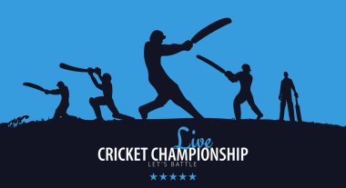 Kriket Şampiyonası başlık sayfası veya poster, oyuncular ve yarasalar ile tasarım. Vektör çizim.