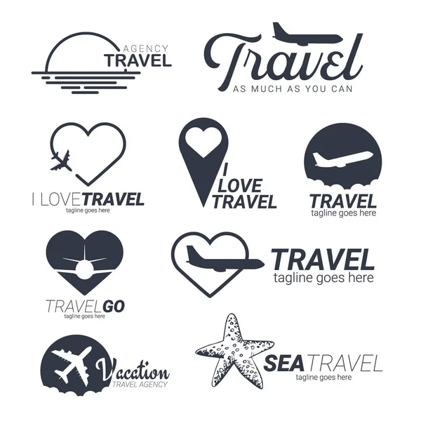 Set of Travel logo templates with airplane, heart and starfish. Vector illustration. — Stock Vector