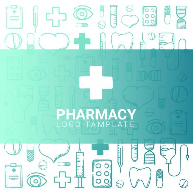 Eczane ve tıbbi afiş doodle arka plan ile. Hapları, Vitamin tabletleri, tıbbi ilaç. Vektör çizim.