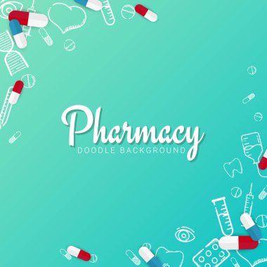 Eczane ve tıbbi afiş doodle arka plan ile. Hapları, Vitamin tabletleri, tıbbi ilaç. Vektör çizim.