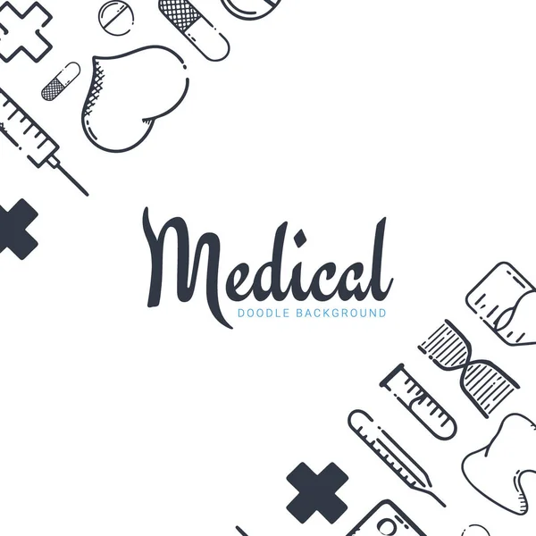 Apotheke und Ärztebanner mit Doodle-Hintergrund. Tabletten, Vitamintabletten, Medikamente. Vektorillustration. — Stockvektor