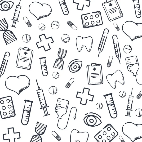 Sfondo doodle medico mano-disegnare. Pillole, compresse vitaminiche, farmaci. Illustrazione vettoriale . — Vettoriale Stock