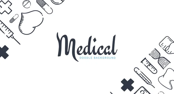 Apotheke und Ärztebanner mit Doodle-Hintergrund. Tabletten, Vitamintabletten, Medikamente. Vektorillustration. — Stockvektor