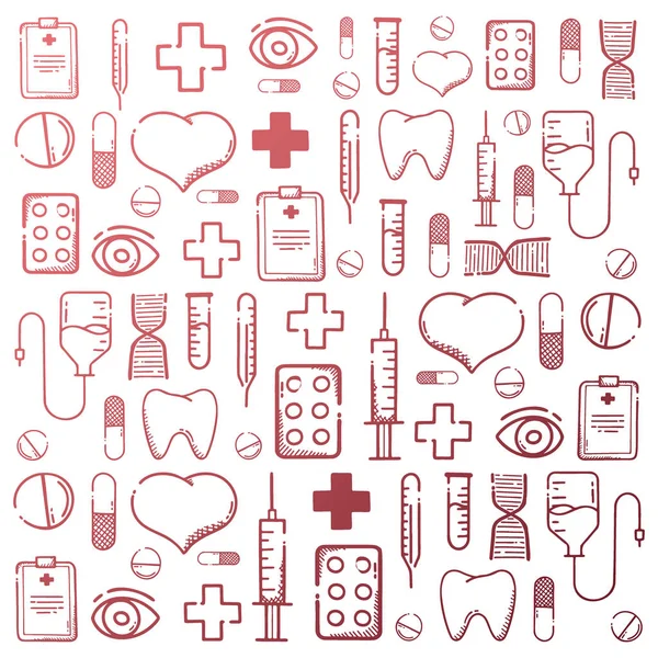 Sfondo doodle medico mano-disegnare. Pillole, compresse vitaminiche, farmaci. Illustrazione vettoriale . — Vettoriale Stock