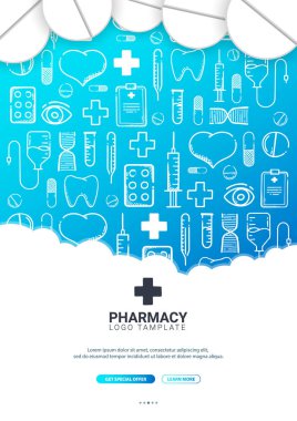 Eczane ve tıbbi afiş doodle arka plan ile. Hapları, Vitamin tabletleri, tıbbi ilaç. Vektör çizim.