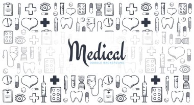 Eczane ve tıbbi afiş doodle arka plan ile. Hapları, Vitamin tabletleri, tıbbi ilaç. Vektör çizim.