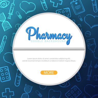 Eczane ve tıbbi afiş doodle arka plan ile. Hapları, Vitamin tabletleri, tıbbi ilaç. Vektör çizim.