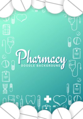 Eczane ve tıbbi afiş doodle arka plan ile. Hapları, Vitamin tabletleri, tıbbi ilaç. Vektör çizim.