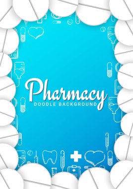 Eczane ve tıbbi afiş doodle arka plan ile. Hapları, Vitamin tabletleri, tıbbi ilaç. Vektör çizim.
