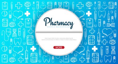 Eczane ve tıbbi afiş doodle arka plan ile. Hapları, Vitamin tabletleri, tıbbi ilaç. Vektör çizim.