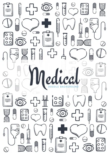 Farmacia e banner medico con sfondo doodle. Pillole, compresse vitaminiche, farmaci. Illustrazione vettoriale . — Vettoriale Stock