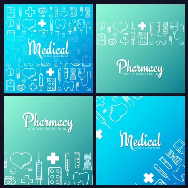 Set di banner farmaceutici e medici con sfondo doodle. Pillole, compresse vitaminiche, farmaci. Illustrazione vettoriale . — Vettoriale Stock