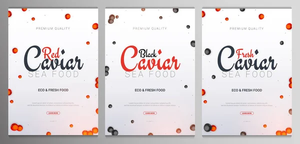 Conjunto de bandeiras Red e Black Caviar. Deliciosos fundos de frutos do mar. Ilustração vetorial de caviar. Comida de luxo natural e saudável. Design para menu de peixe. Ilustração vetorial . —  Vetores de Stock