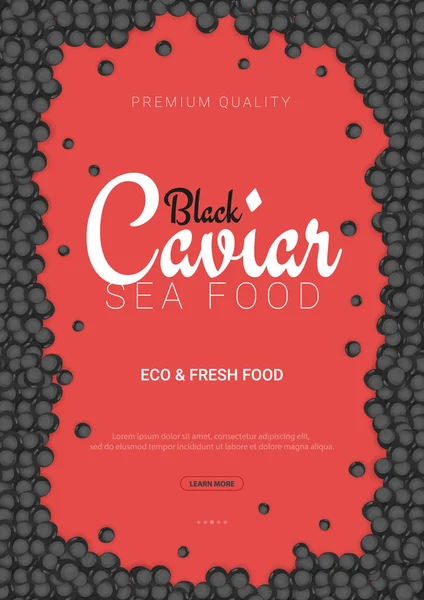 블랙 캐 비어 배너입니다. 맛 있는 해산물 배경입니다. 캐 비어 벡터 일러스트입니다. 자연스럽 고 건강 한 고급 식품. 물고기 메뉴에 대 한 디자인입니다. 벡터 일러스트. — 스톡 벡터