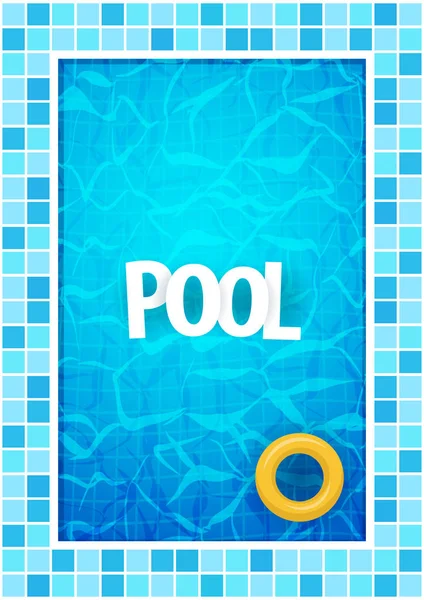 Плакат вечеринки в летнем бассейне искушает. Вода и пальмы, надувной желтый матрас. Векторная иллюстрация . — стоковый вектор