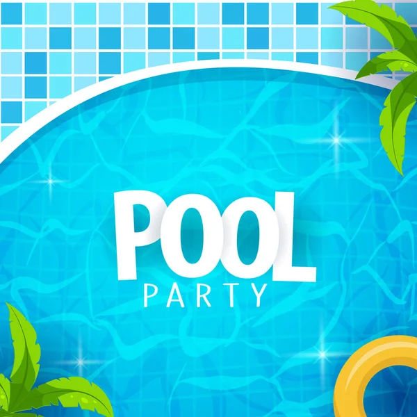 Summer pool party poster template. Water and palms, inflatable yellow mattress. Vector illustration. — Stock Vector