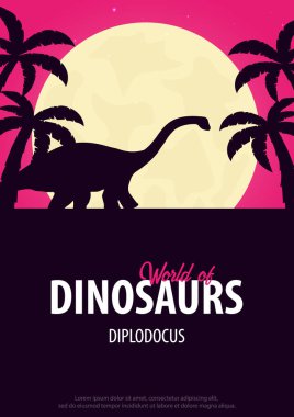 Poster Dinozorların dünyasına. Tarih öncesi dünya. Diplodocus. Jurassic dönem.